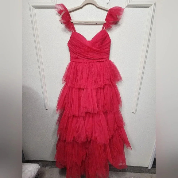 Lulus Fabulous Poise Bright Red Tulle Ruffled Tiered Maxi Dress Party Prom - Picture 7 of 11
